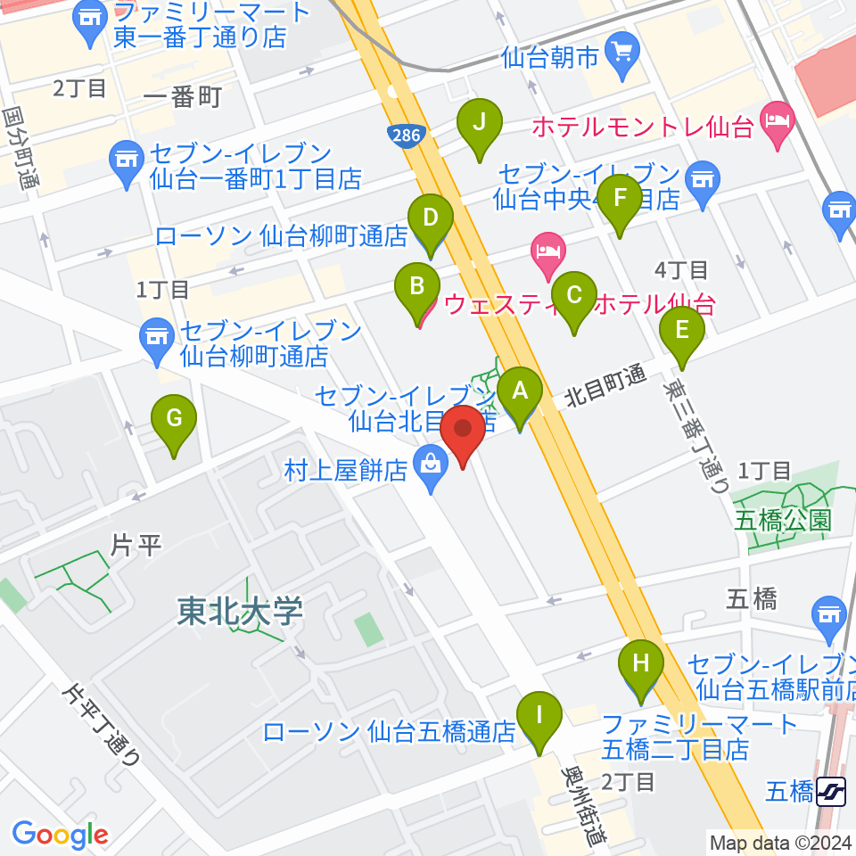 ピアノテック仙台周辺のコンビニエンスストア一覧地図