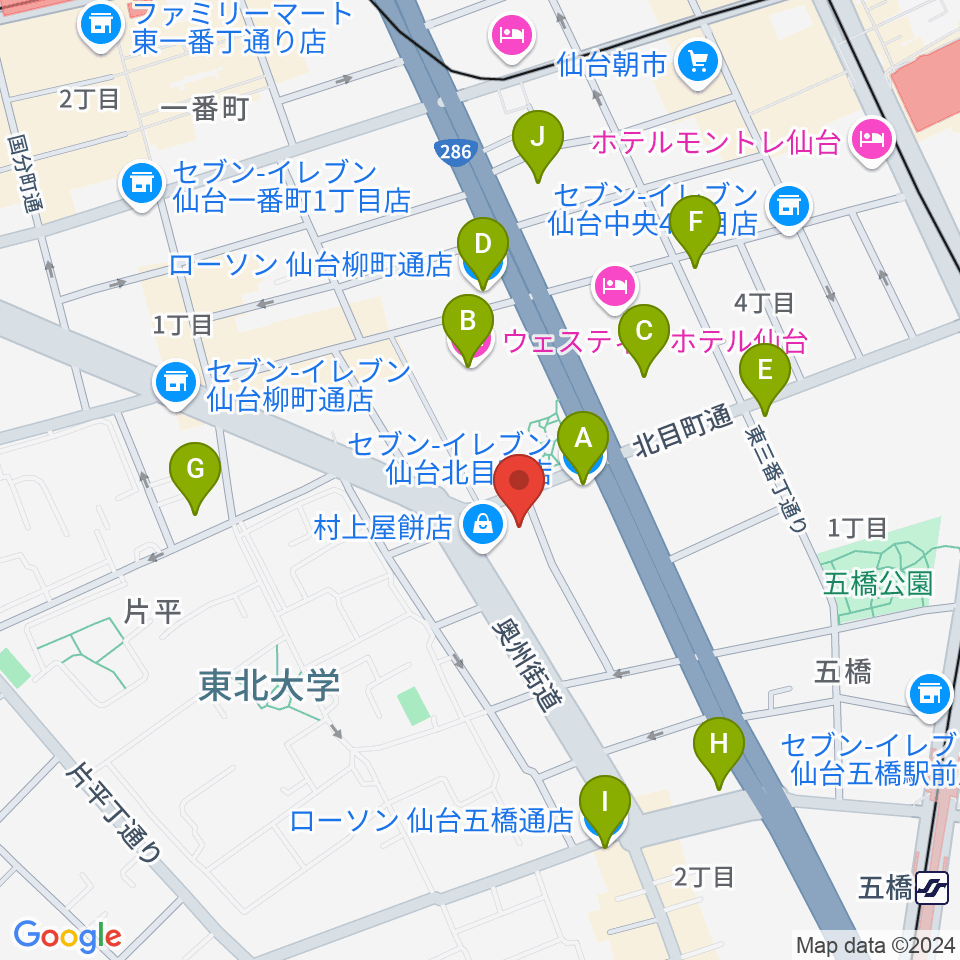 ピアノテック仙台周辺のコンビニエンスストア一覧地図