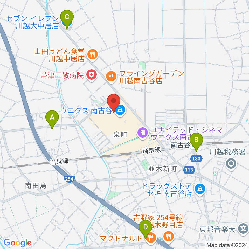 昭和楽器 川越店周辺のコンビニエンスストア一覧地図