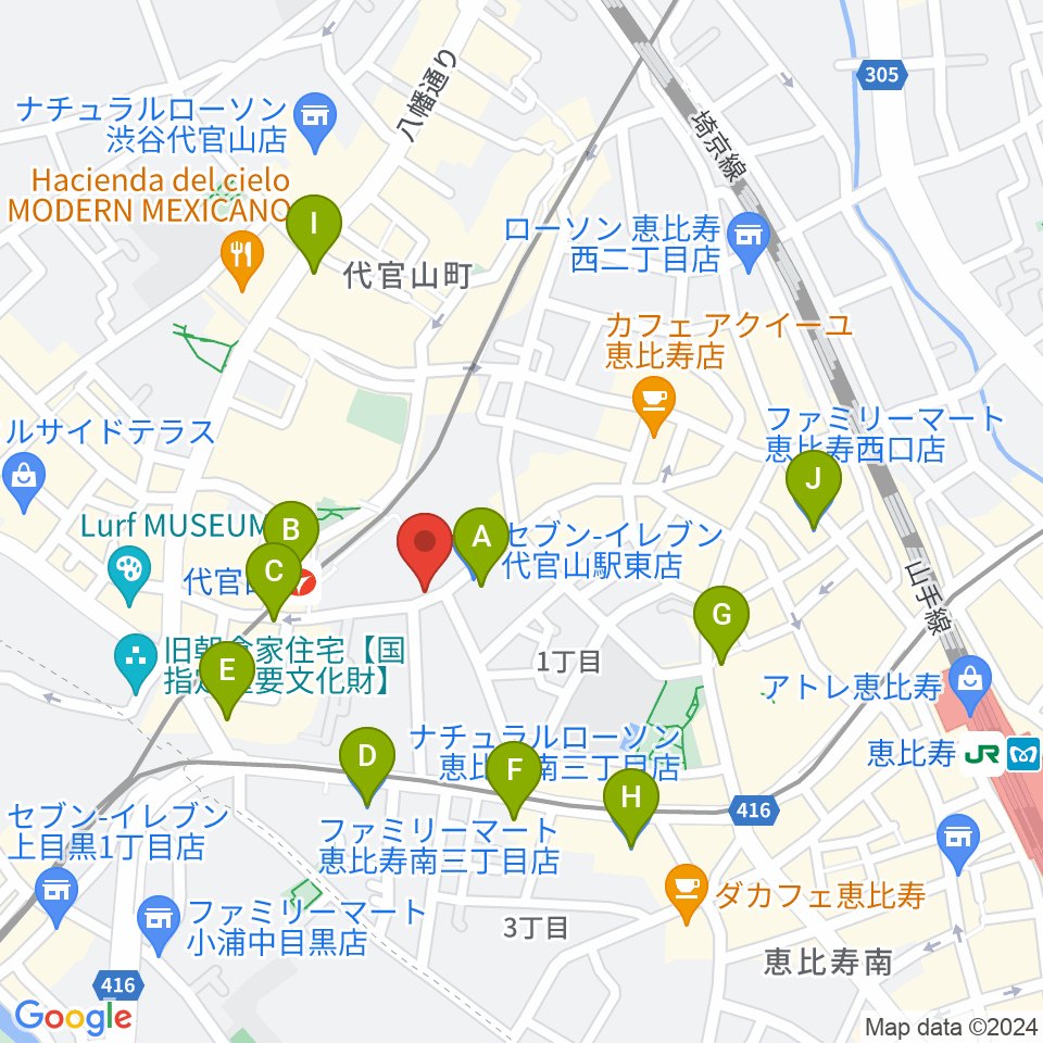 ミュージックプラザ 代官山本店周辺のコンビニエンスストア一覧地図