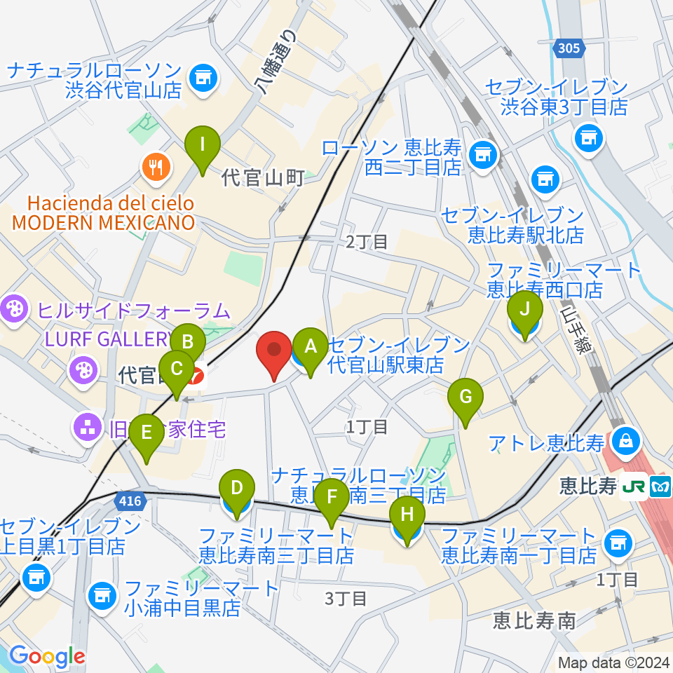 ミュージックプラザ 代官山本店周辺のコンビニエンスストア一覧地図