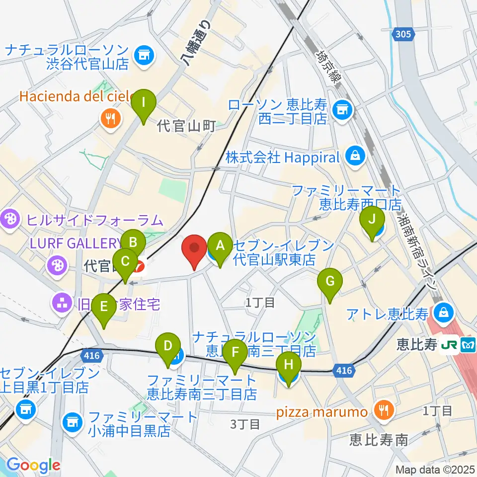 ミュージックプラザ 代官山本店周辺のコンビニエンスストア一覧地図