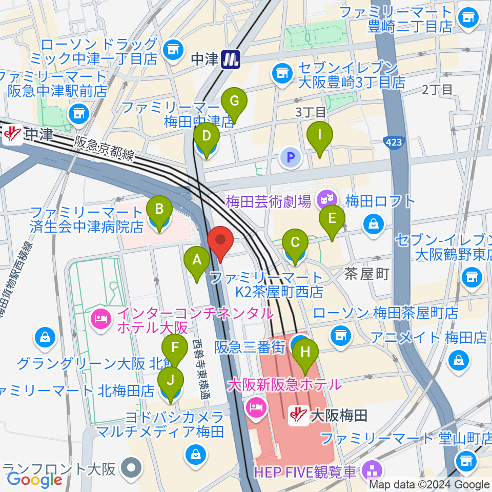 ワタナベ楽器店 大阪店周辺のコンビニエンスストア一覧地図