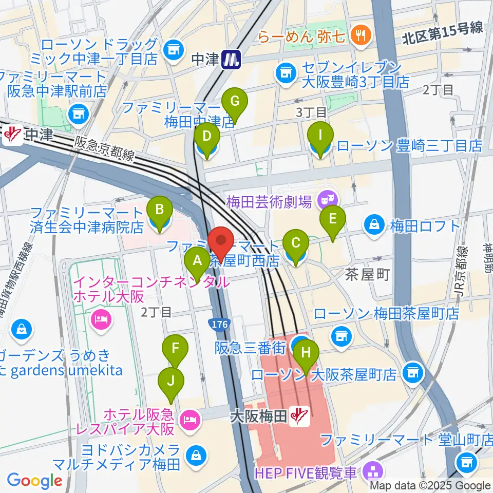 ワタナベ楽器店 大阪店周辺のコンビニエンスストア一覧地図