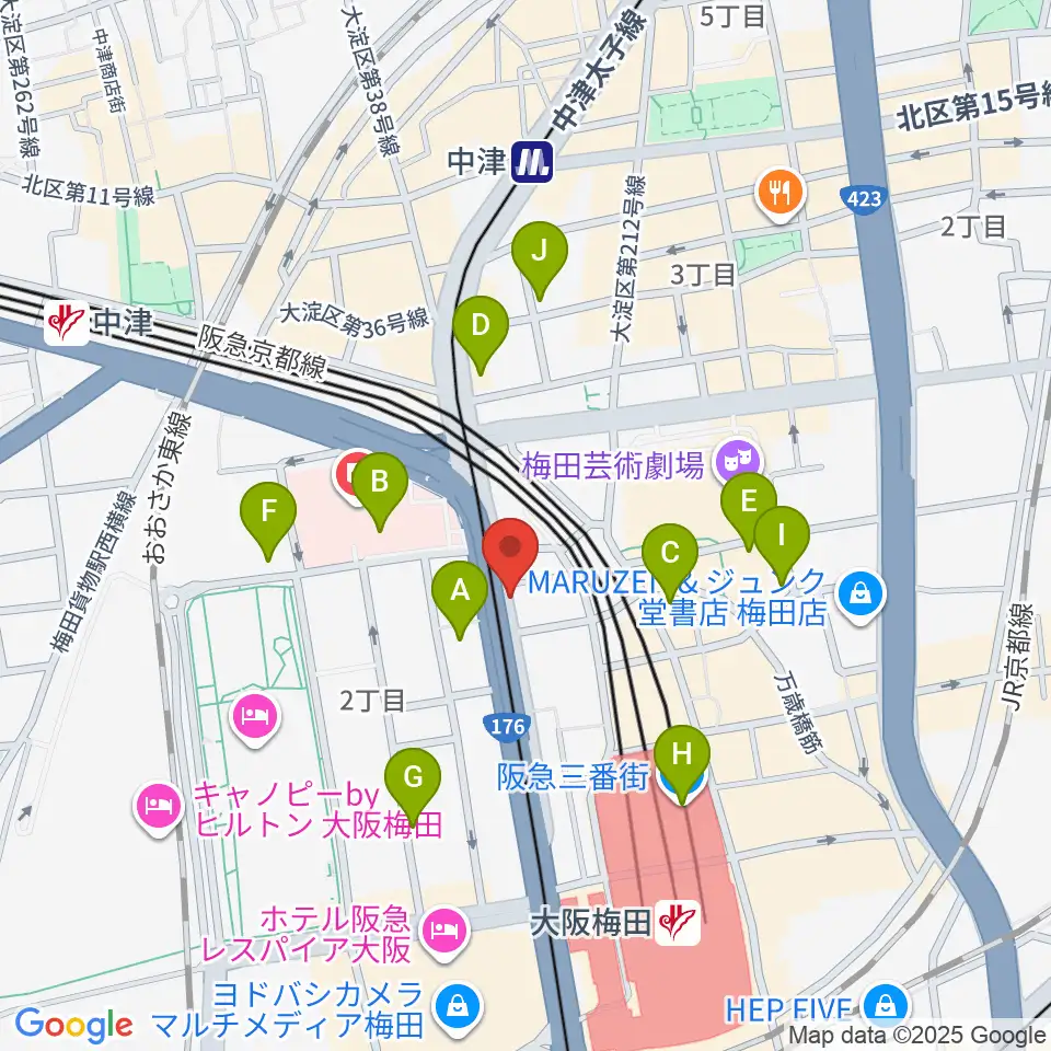 ワタナベ楽器店 大阪店周辺のコンビニエンスストア一覧地図