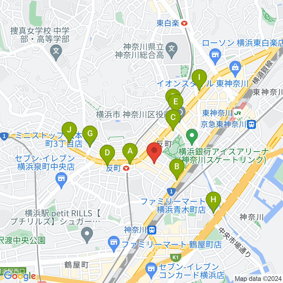 横浜日本屋楽器周辺のコンビニエンスストア一覧地図