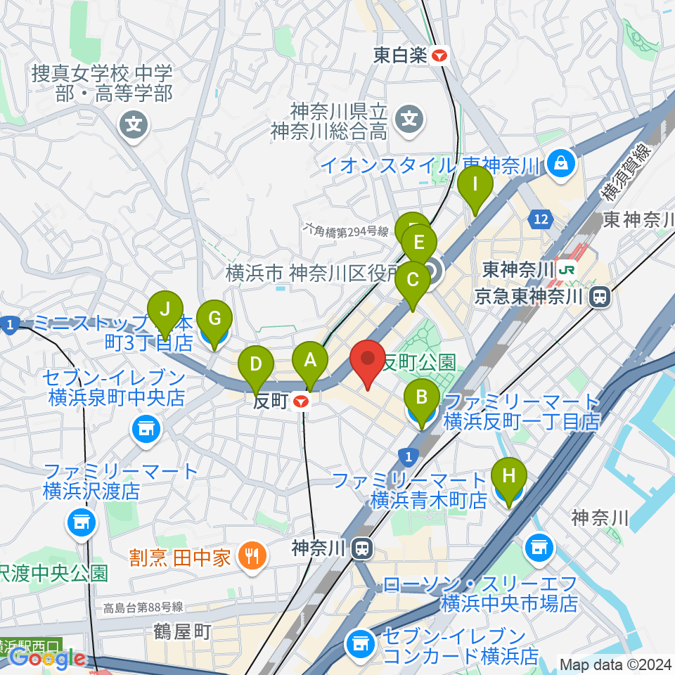 横浜日本屋楽器周辺のコンビニエンスストア一覧地図