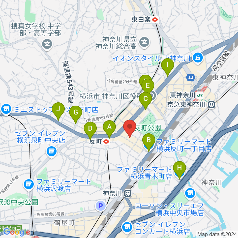 横浜日本屋楽器周辺のコンビニエンスストア一覧地図