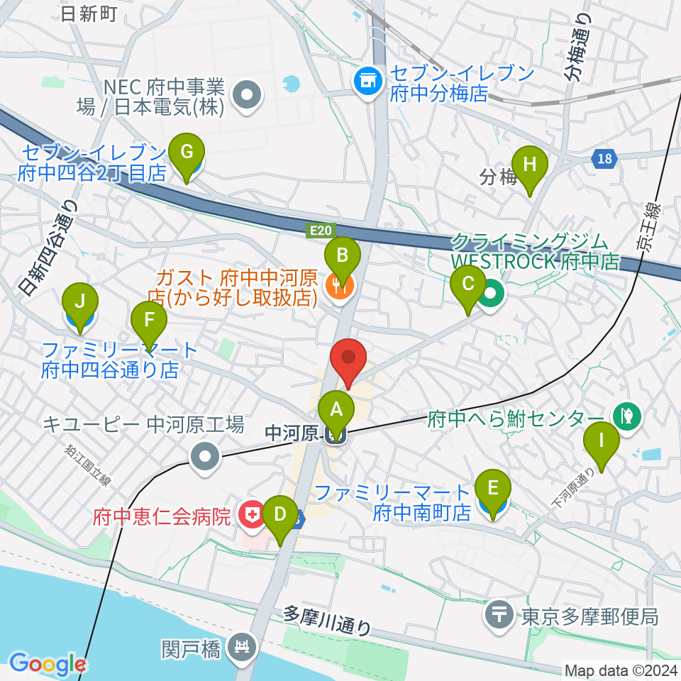 宮地楽器 中河原センター練習室周辺のコンビニエンスストア一覧地図