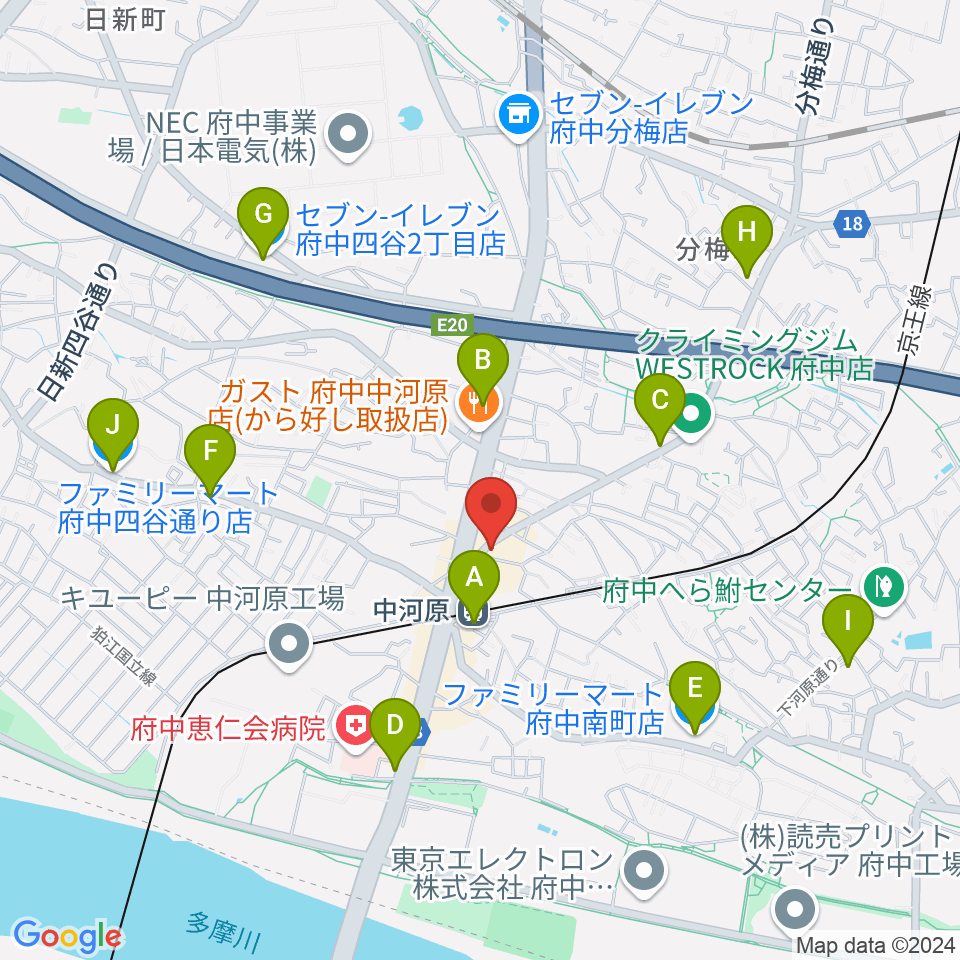 宮地楽器 中河原センター練習室周辺のコンビニエンスストア一覧地図