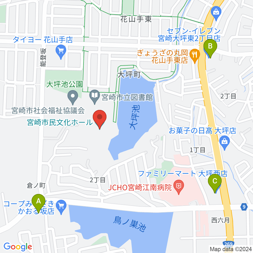 宮崎市民文化ホール周辺のコンビニエンスストア一覧地図