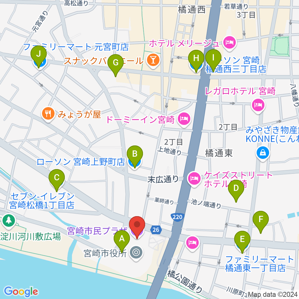 宮崎市民プラザ周辺のコンビニエンスストア一覧地図