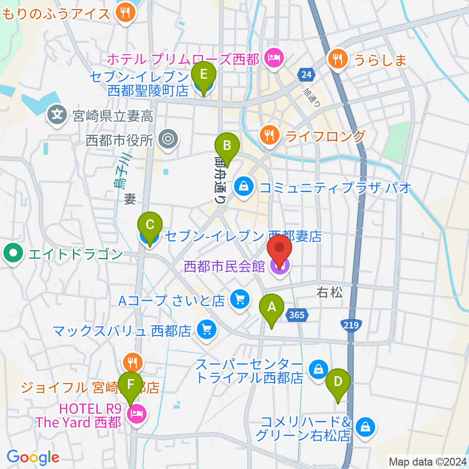 西都市民会館周辺のコンビニエンスストア一覧地図