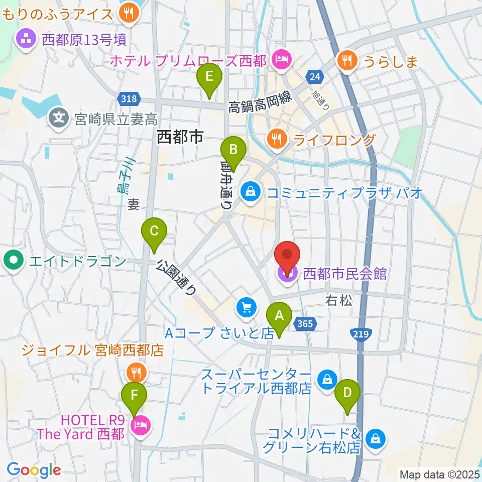 西都市民会館周辺のコンビニエンスストア一覧地図