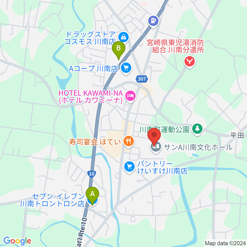 サンＡ川南文化ホール（川南町文化ホール）周辺のコンビニエンスストア一覧地図