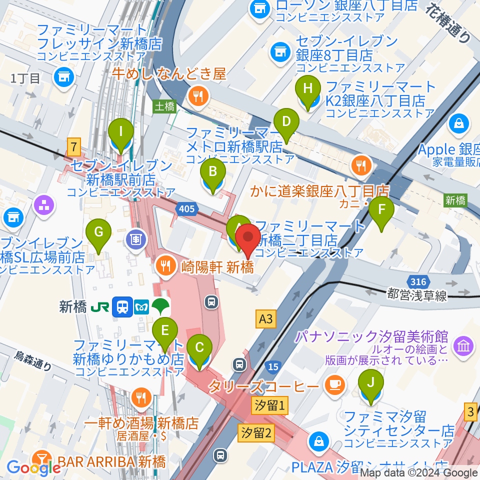 ミュージックアベニュー銀座アネックス周辺のコンビニエンスストア一覧地図