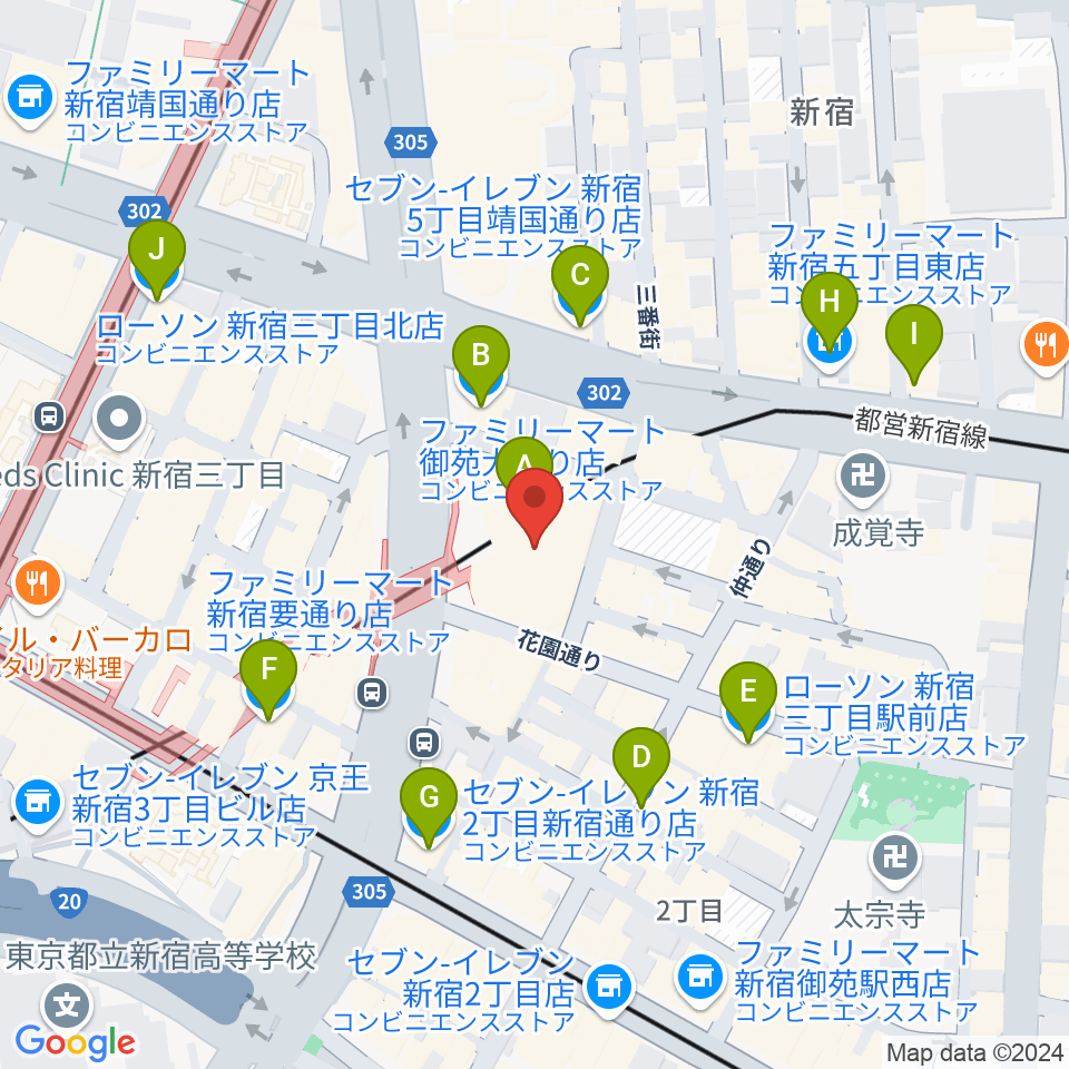 ミュージックアベニュー新宿クラッセ周辺のコンビニエンスストア一覧地図