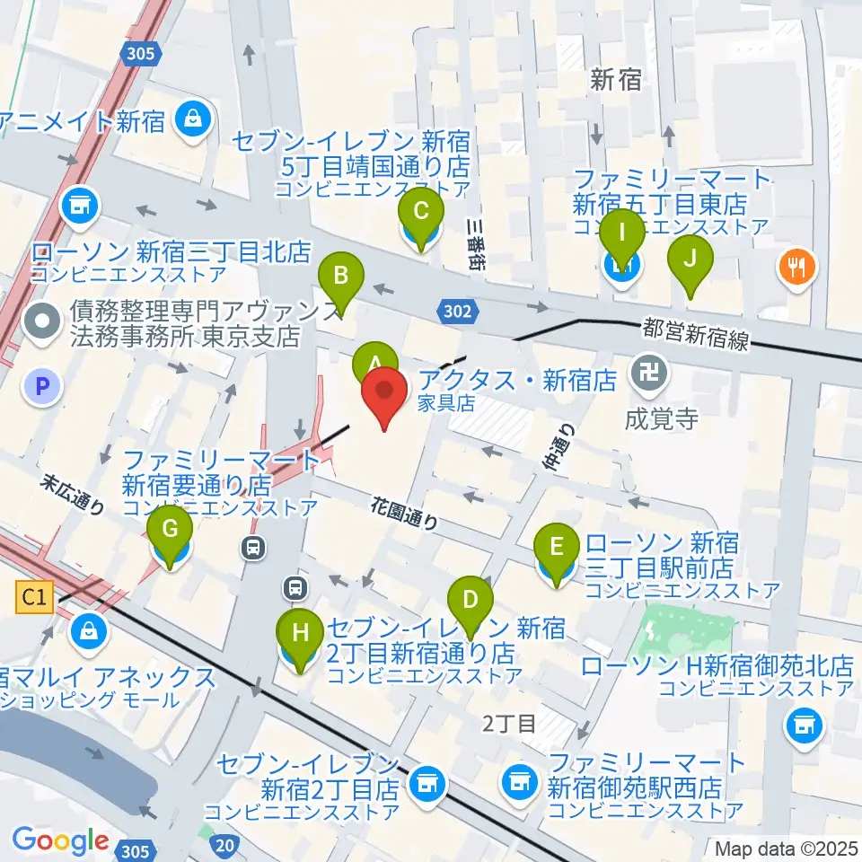 ミュージックアベニュー新宿クラッセ周辺のコンビニエンスストア一覧地図