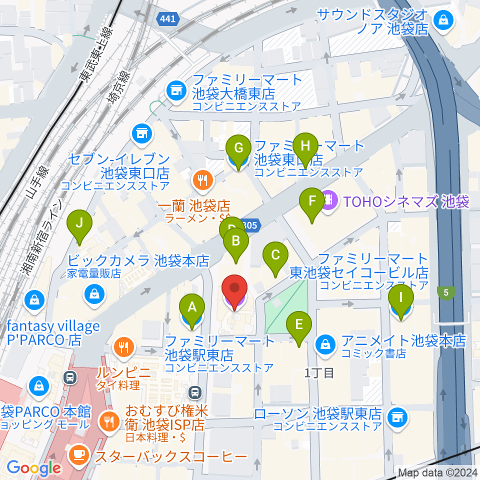 ミュージックアベニュー池袋 ヤマハミュージック周辺のコンビニエンスストア一覧地図