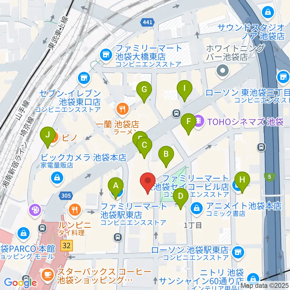 ミュージックアベニュー池袋 ヤマハミュージック周辺のコンビニエンスストア一覧地図