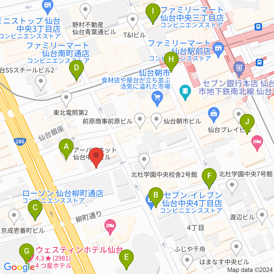 仙台中央音楽センター周辺のコンビニエンスストア一覧地図