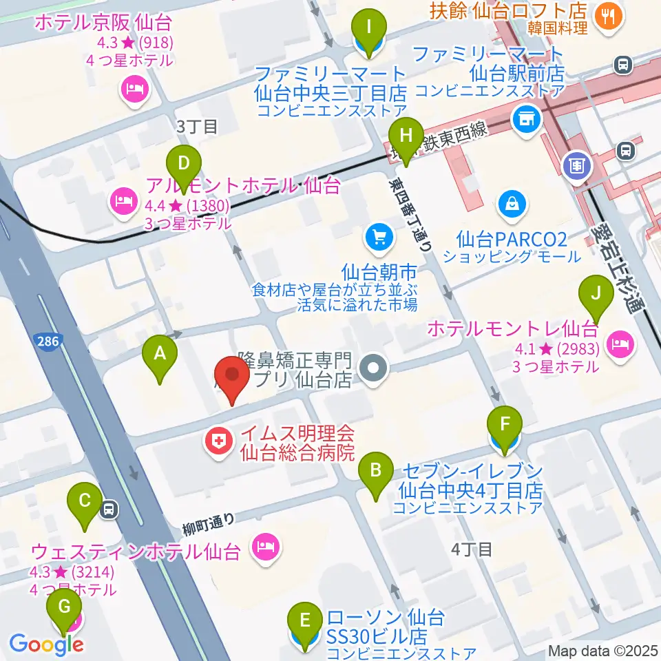 仙台中央音楽センター周辺のコンビニエンスストア一覧地図