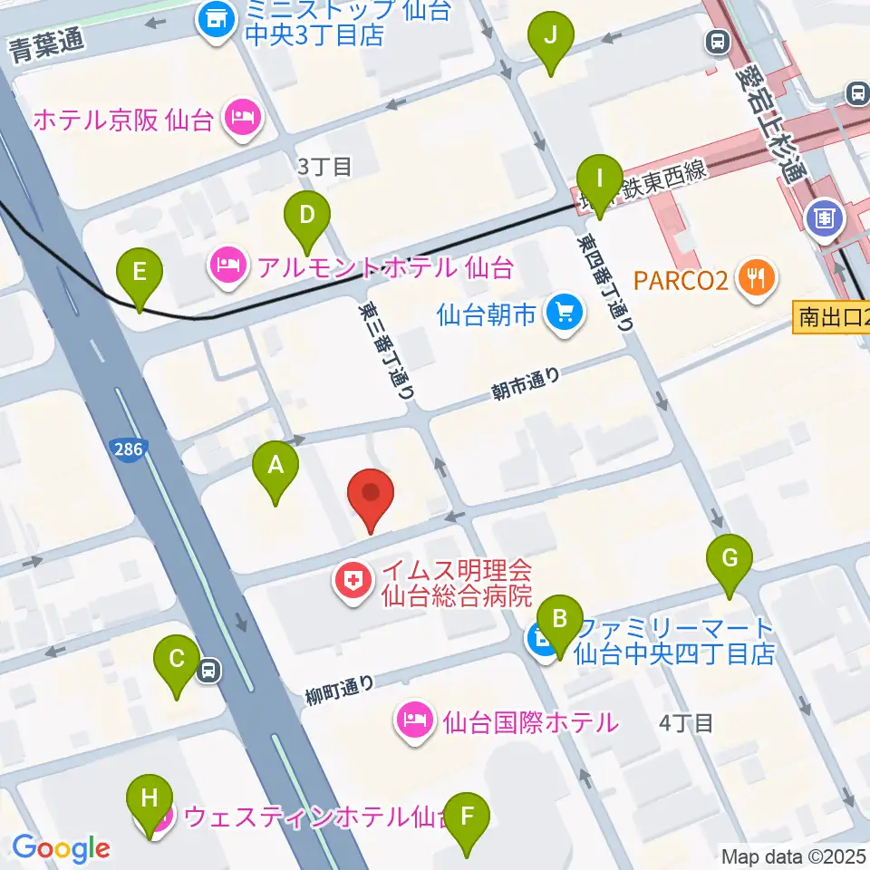 仙台中央音楽センター周辺のコンビニエンスストア一覧地図