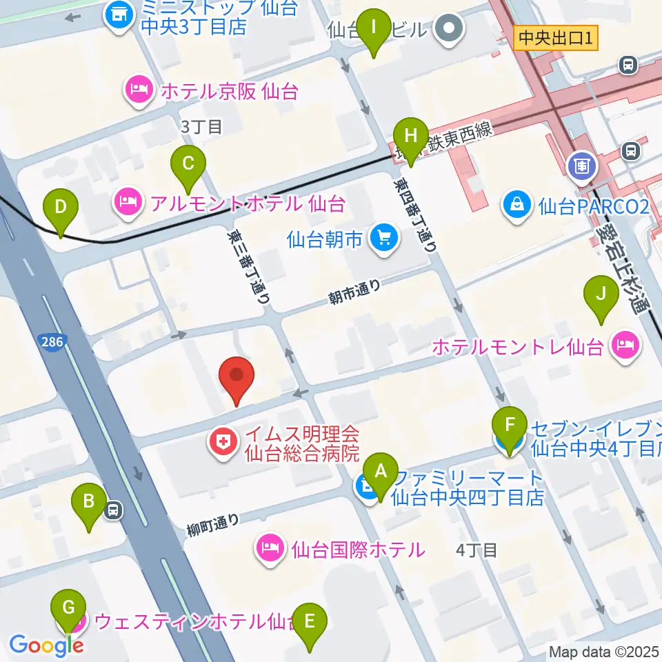 仙台中央音楽センター周辺のコンビニエンスストア一覧地図