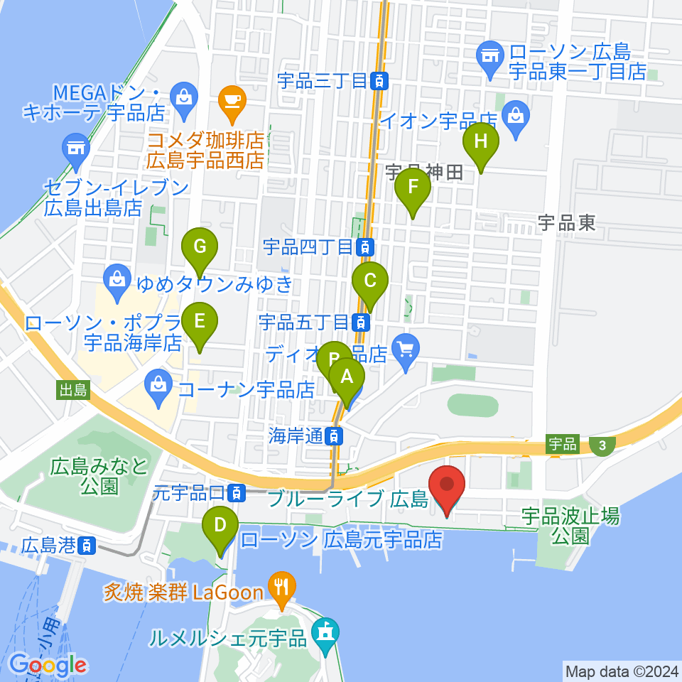 ブルーライブ広島周辺のコンビニエンスストア一覧地図