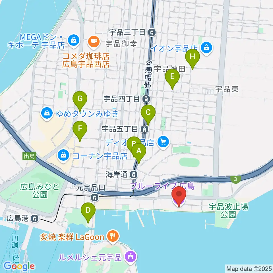 ブルーライブ広島周辺のコンビニエンスストア一覧地図