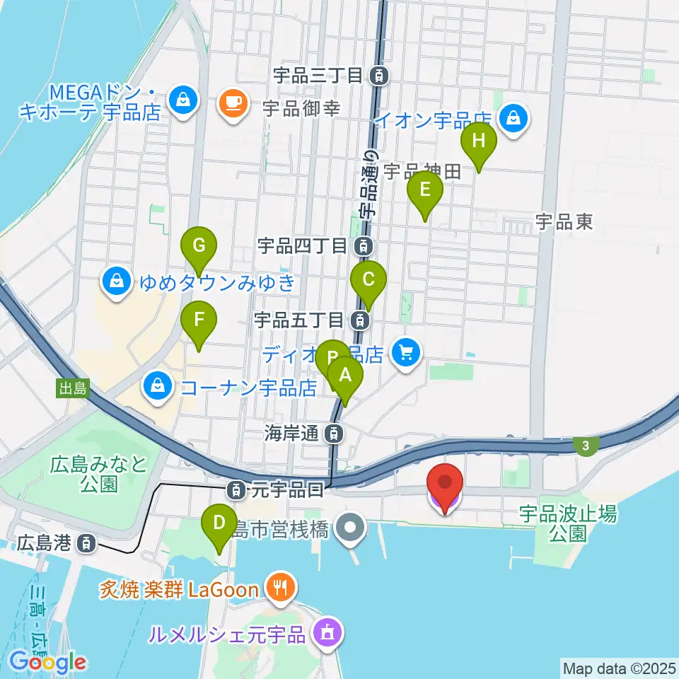 ブルーライブ広島周辺のコンビニエンスストア一覧地図