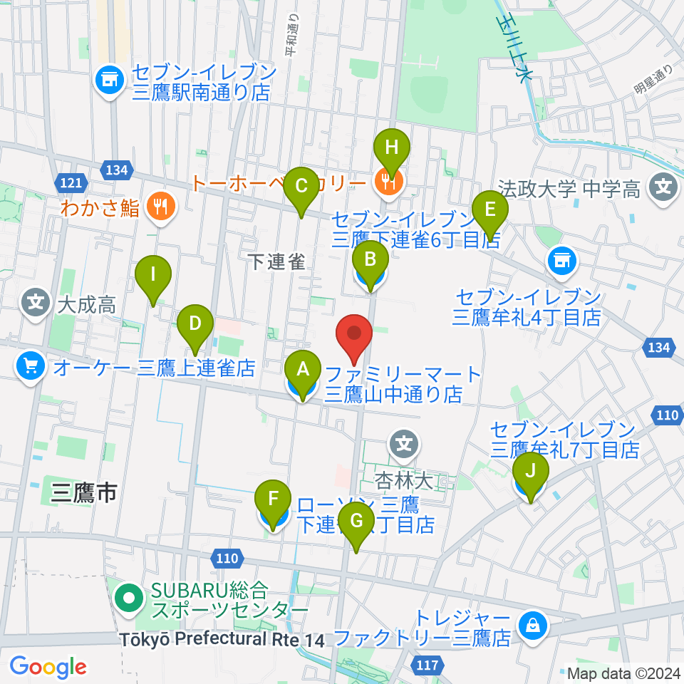 ギタースタジオhacchi周辺のコンビニエンスストア一覧地図