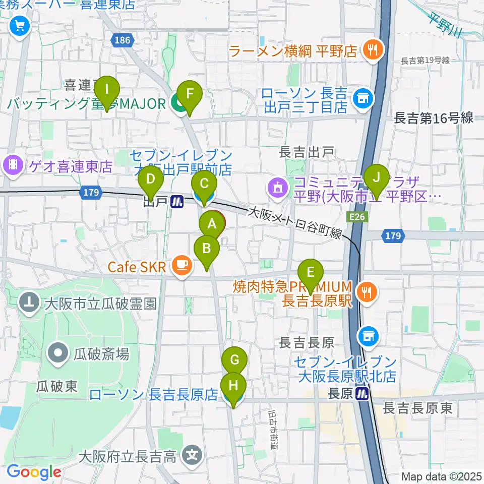 アビーミュージックスタジオ平野店周辺のコンビニエンスストア一覧地図