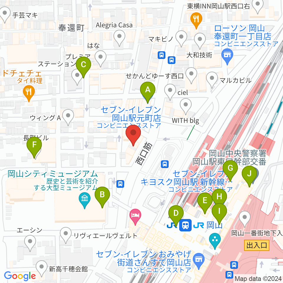 岡山新堀ギター音楽院 周辺のコンビニエンスストア一覧地図
