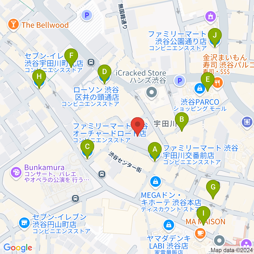 イシバシ楽器 渋谷店周辺のコンビニエンスストア一覧地図