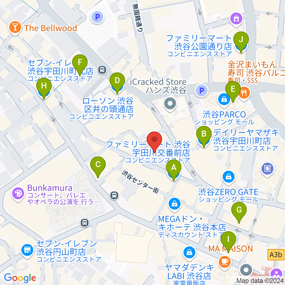 イシバシ楽器 渋谷店周辺のコンビニエンスストア一覧地図