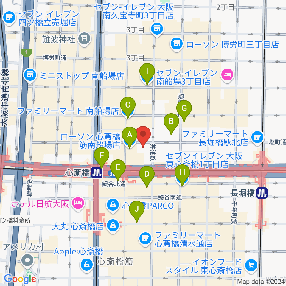 プラスミュージック心斎橋周辺のコンビニエンスストア一覧地図