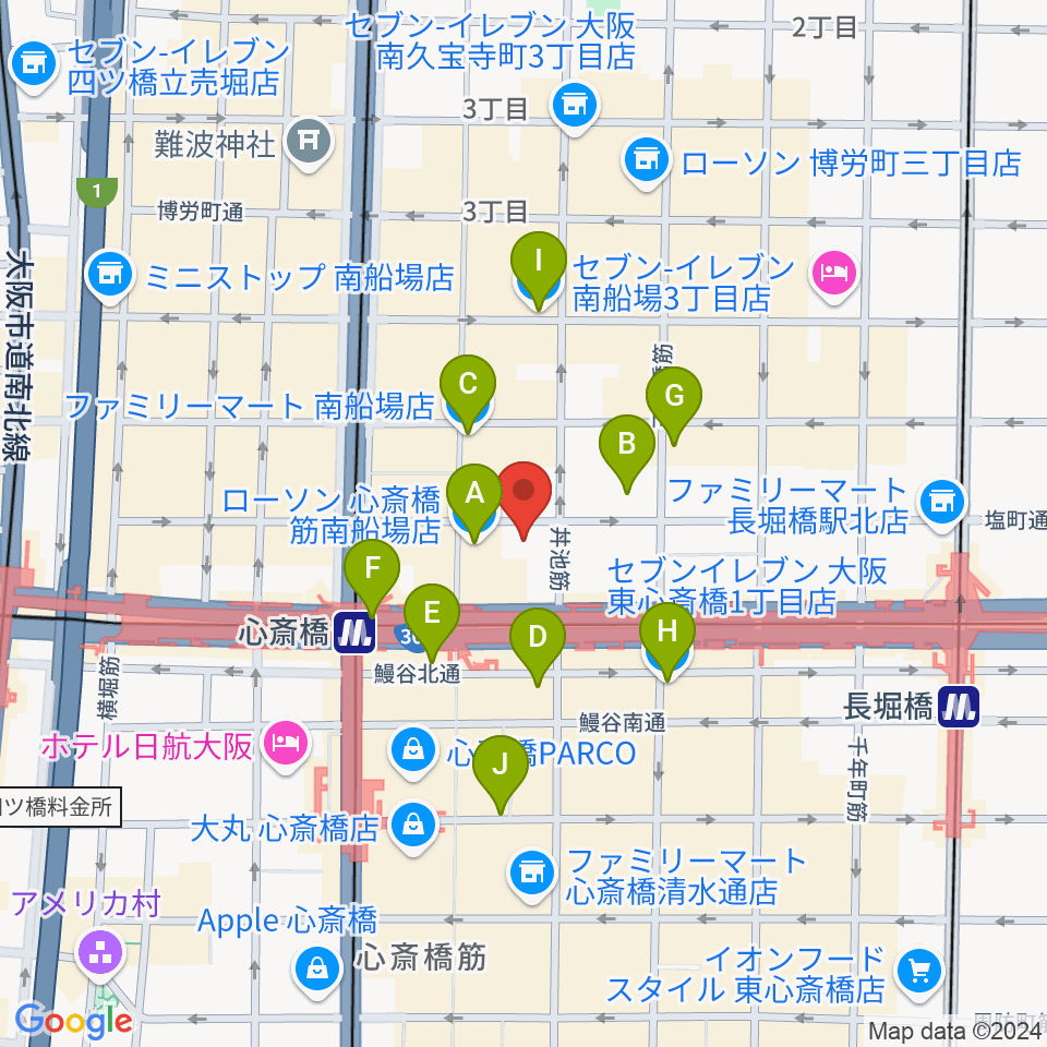 プラスミュージック心斎橋周辺のコンビニエンスストア一覧地図