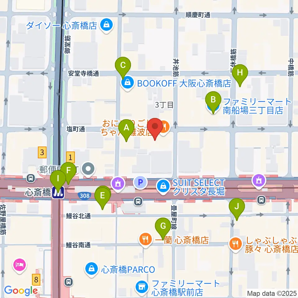 プラスミュージック心斎橋周辺のコンビニエンスストア一覧地図