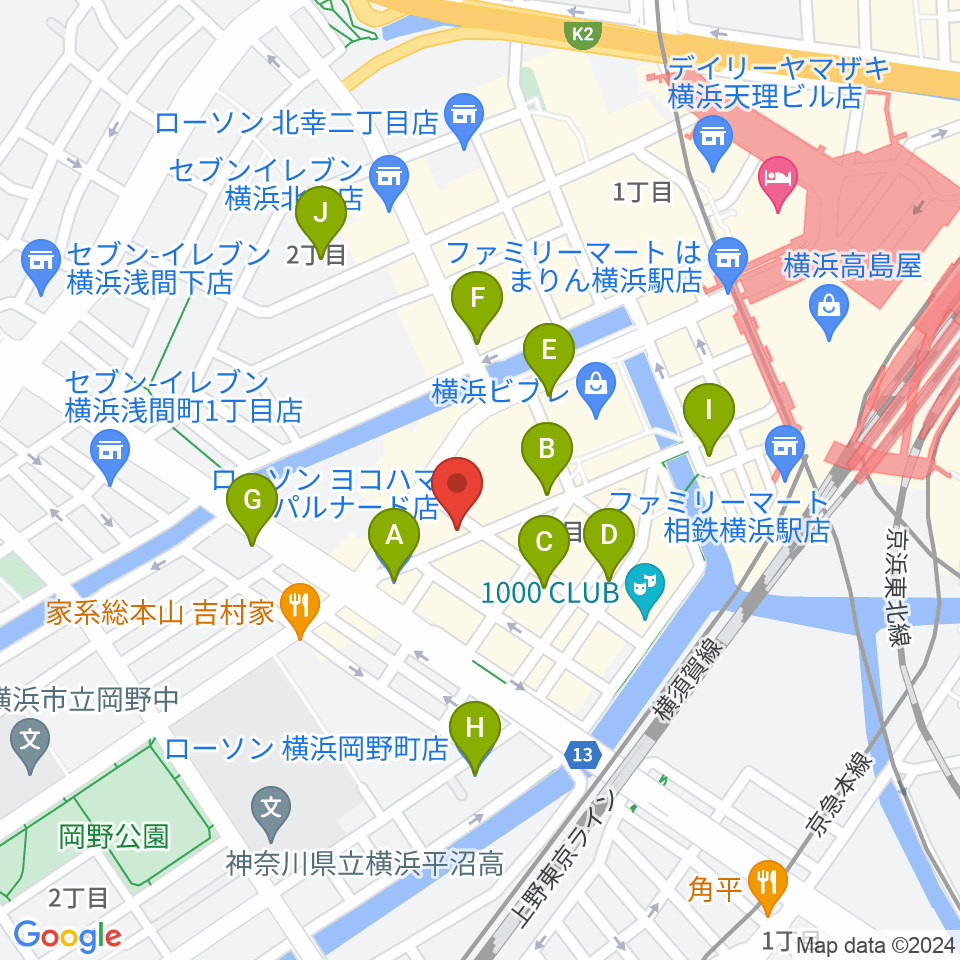 イシバシ楽器 横浜店周辺のコンビニエンスストア一覧地図