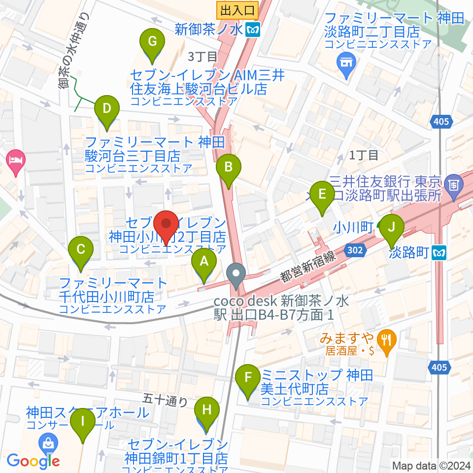 ウッドマンお茶の水店周辺のコンビニエンスストア一覧地図