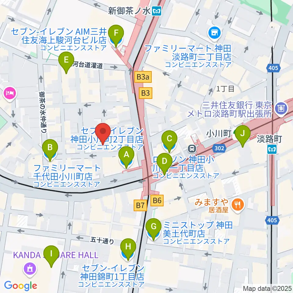 ウッドマンお茶の水店周辺のコンビニエンスストア一覧地図