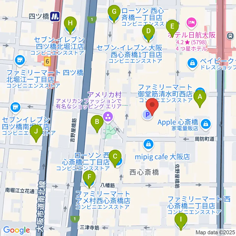 心斎橋BIGCAT周辺のコンビニエンスストア一覧地図