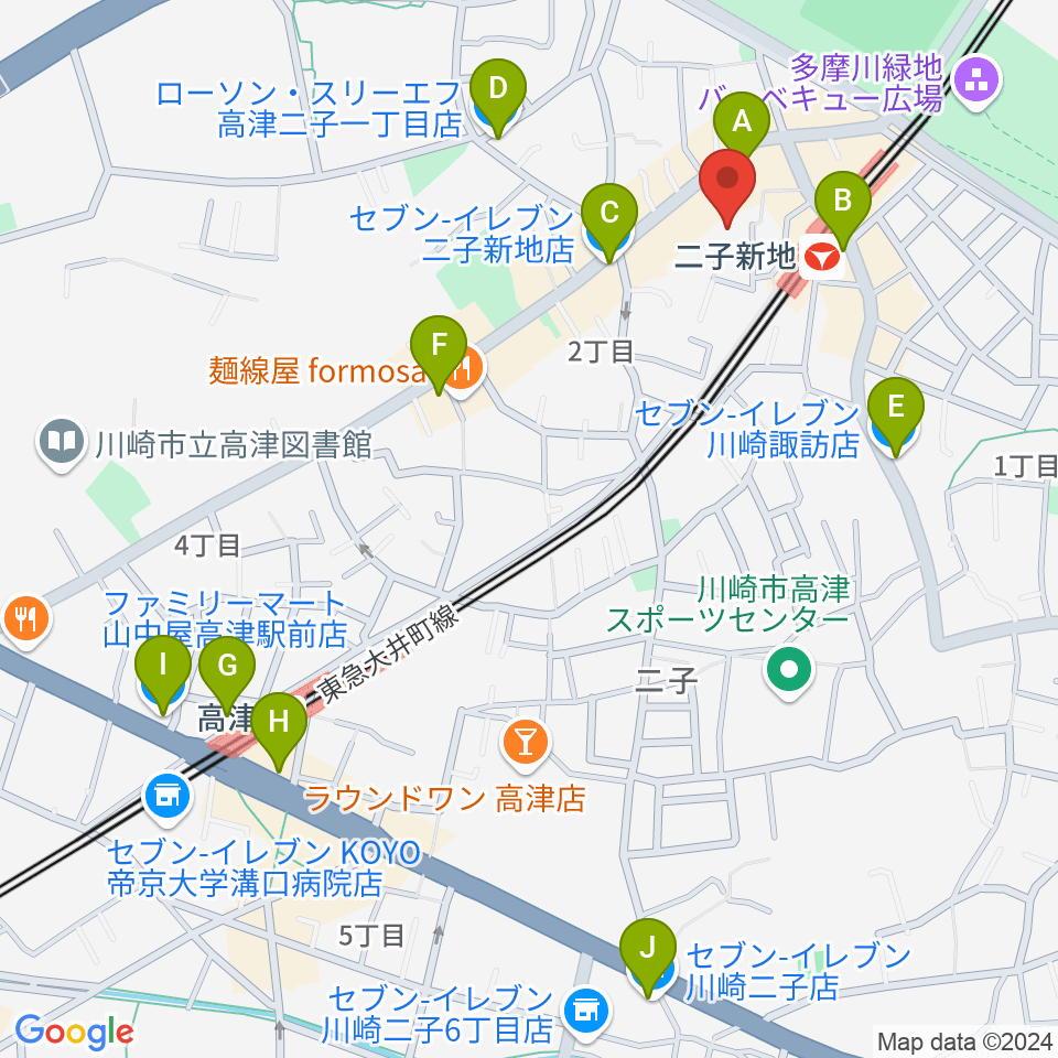 Iorana Music 二子新地周辺のコンビニエンスストア一覧地図