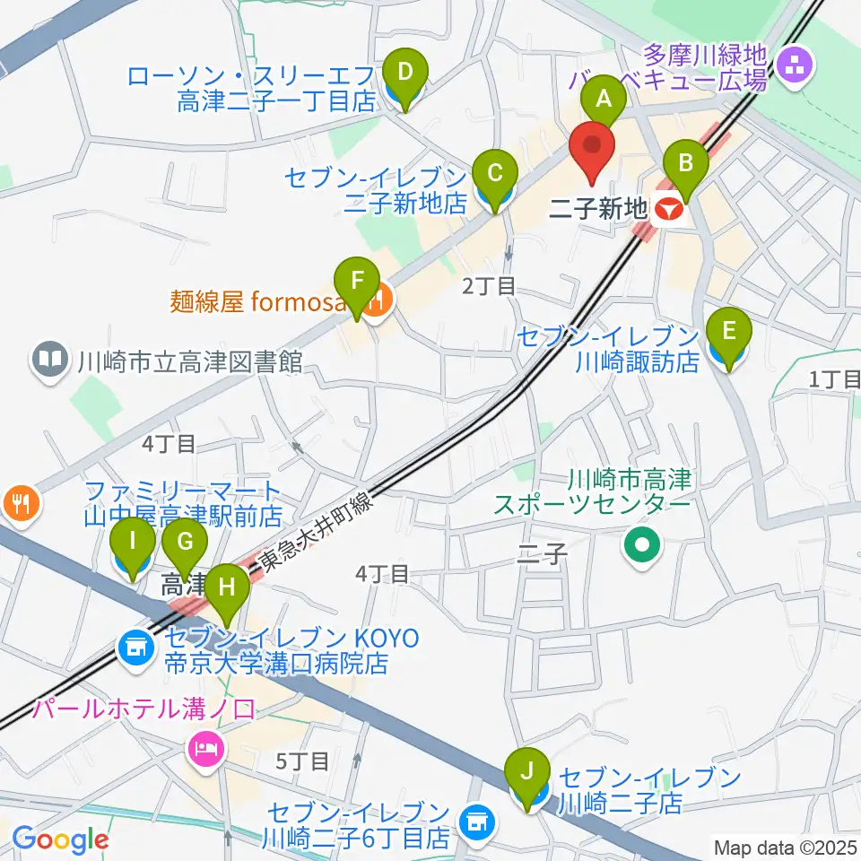 Iorana Music 二子新地周辺のコンビニエンスストア一覧地図