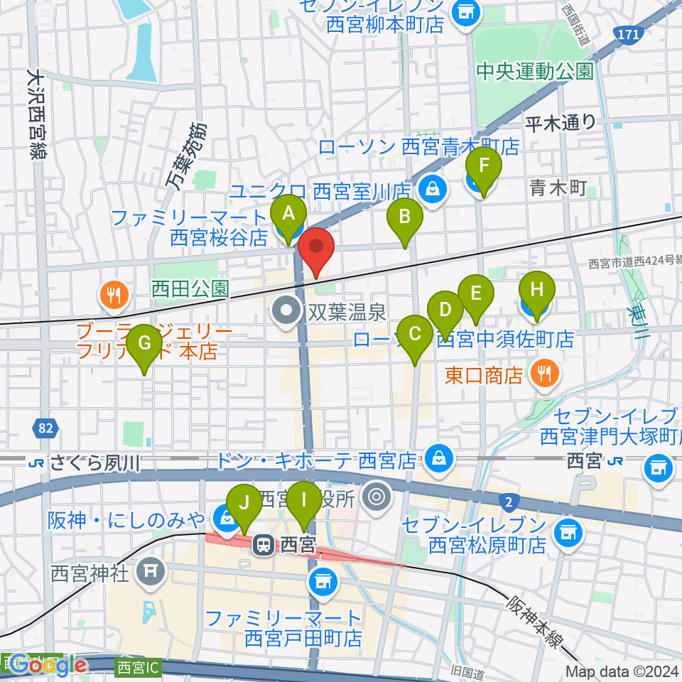 西宮モンジャクシン周辺のコンビニエンスストア一覧地図