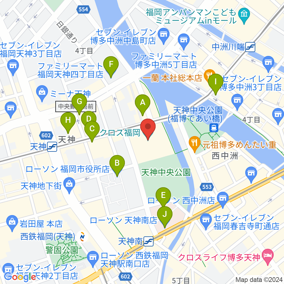 アクロス福岡周辺のコンビニエンスストア一覧地図