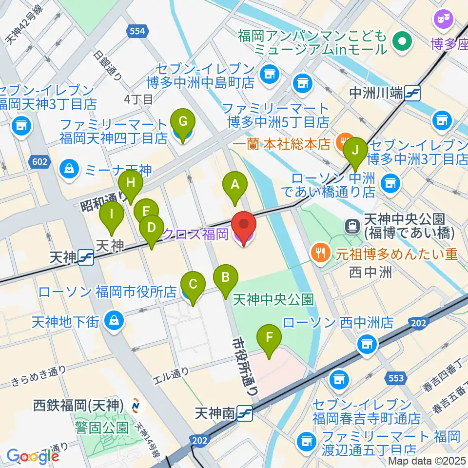 アクロス福岡周辺のコンビニエンスストア一覧地図