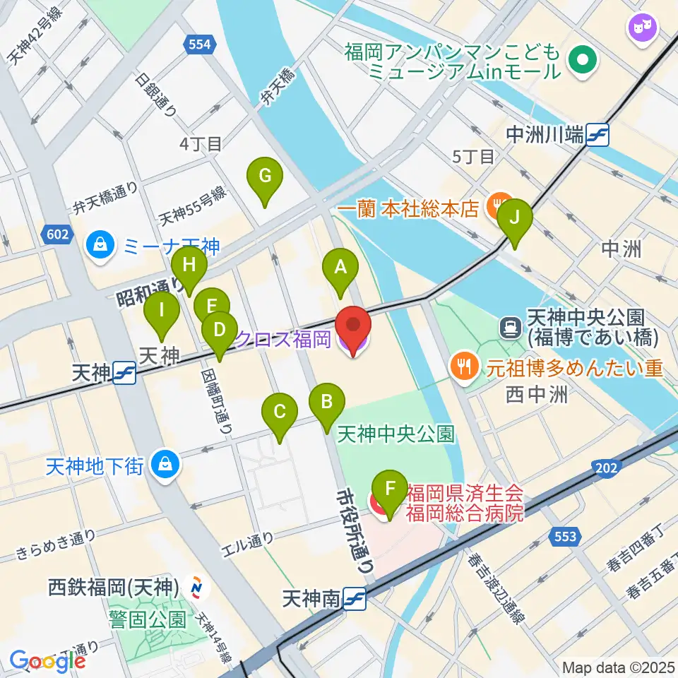 アクロス福岡周辺のコンビニエンスストア一覧地図