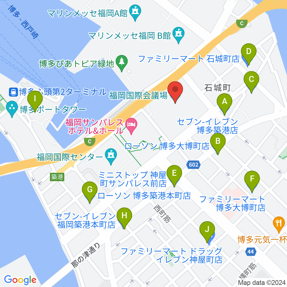 福岡国際会議場周辺のコンビニエンスストア一覧地図